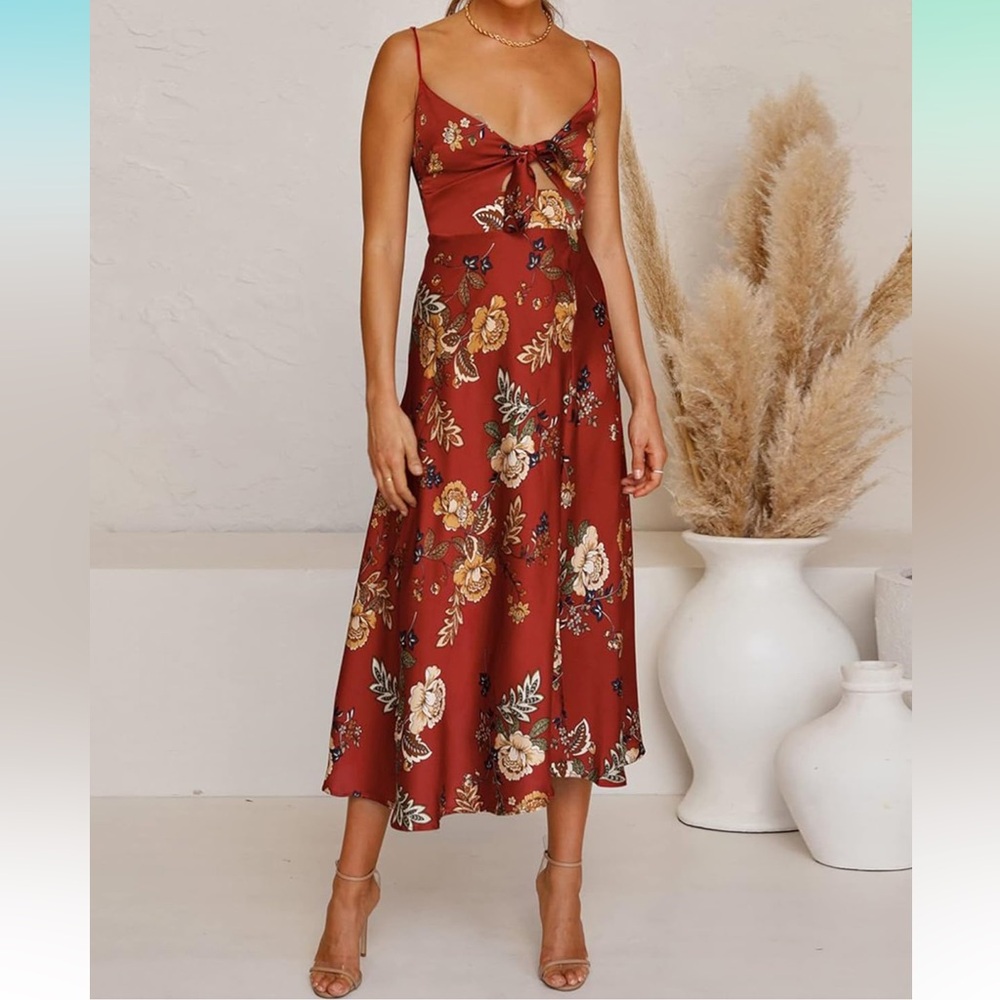 Tie-Front Satin Midi Dress